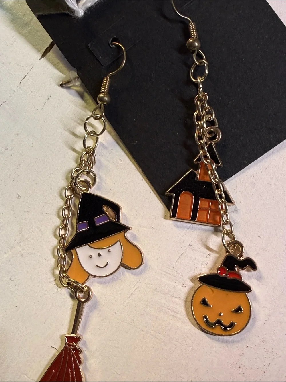 Halloween Mismatched Enamel Charm Earrings | Witch Broom Haunted House Pumpkin